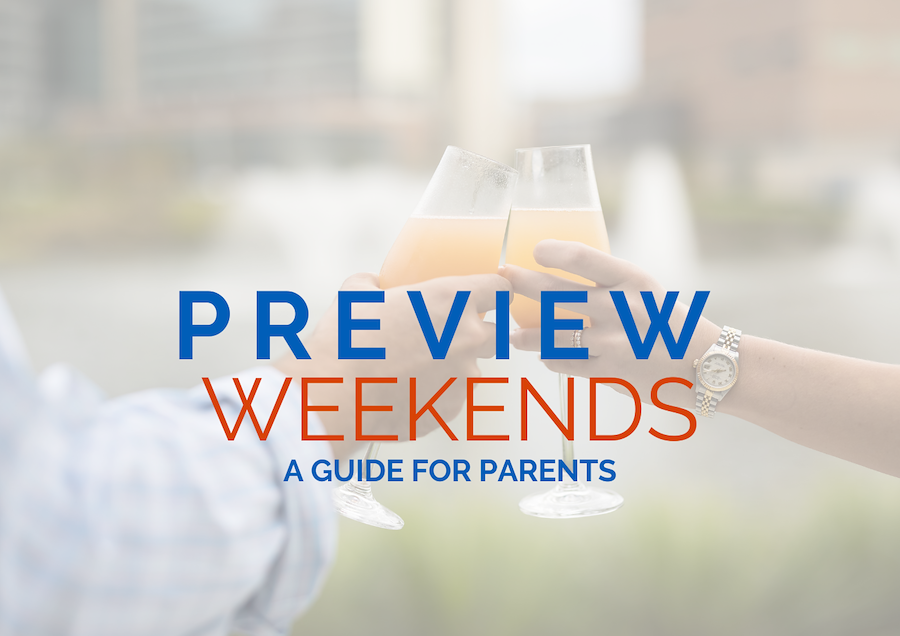Preview Weekends - a Guide for Parent is text over an image of two hands holding glasses of champagne