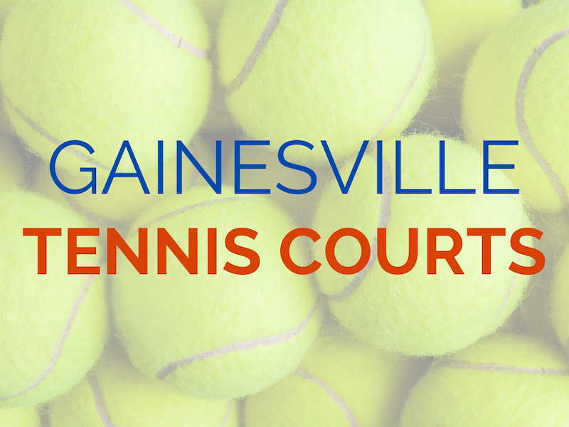 the title Gainesville tennis courts are over an image of a bunch of yellow tennis balls